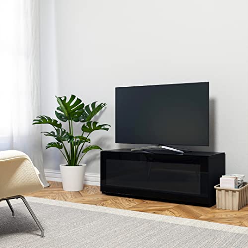 SONOROUS ST-110 Premium TV Stand with Black Wood & Black Glass Cover – Modern Entertainment Center & Media Console for Living Room – TV Cabinet up to 65 Inch with Hidden Wheels – Sleek Storage Design