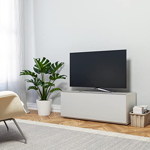 SONOROUS ST-110 Premium TV Stand with White Glass & White Wood Cover – Modern Entertainment Center & Media Console for Living Room – TV Cabinet up to 65 Inch with Hidden Wheels – Sleek Storage Design