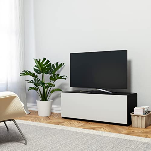 SONOROUS ST-110 Premium TV Stand with Black Glass & White Wood Cover – Modern Entertainment Center & Media Console for Living Room – TV Cabinet up to 65 Inch with Hidden Wheels – Sleek Storage Design